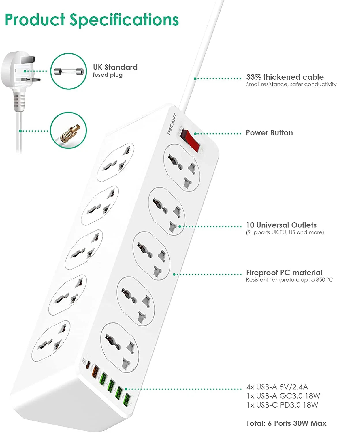 Lightwave LW-EXT-106U Surge Protection Extension Socket with 1 USB-C & 5 USB Slots With 2 Meter Extension Cord