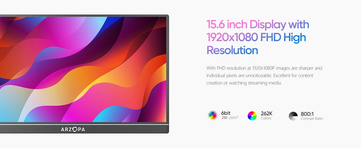 Arzopa A1 Portable Monitor 15.6'' FHD 1080P - Ultra-Slim Portable Laptop Monitor with Kickstand - IPS Display for PC, MAC, Phone, Xbox, PS5 - USB C & HDMI Connectivity