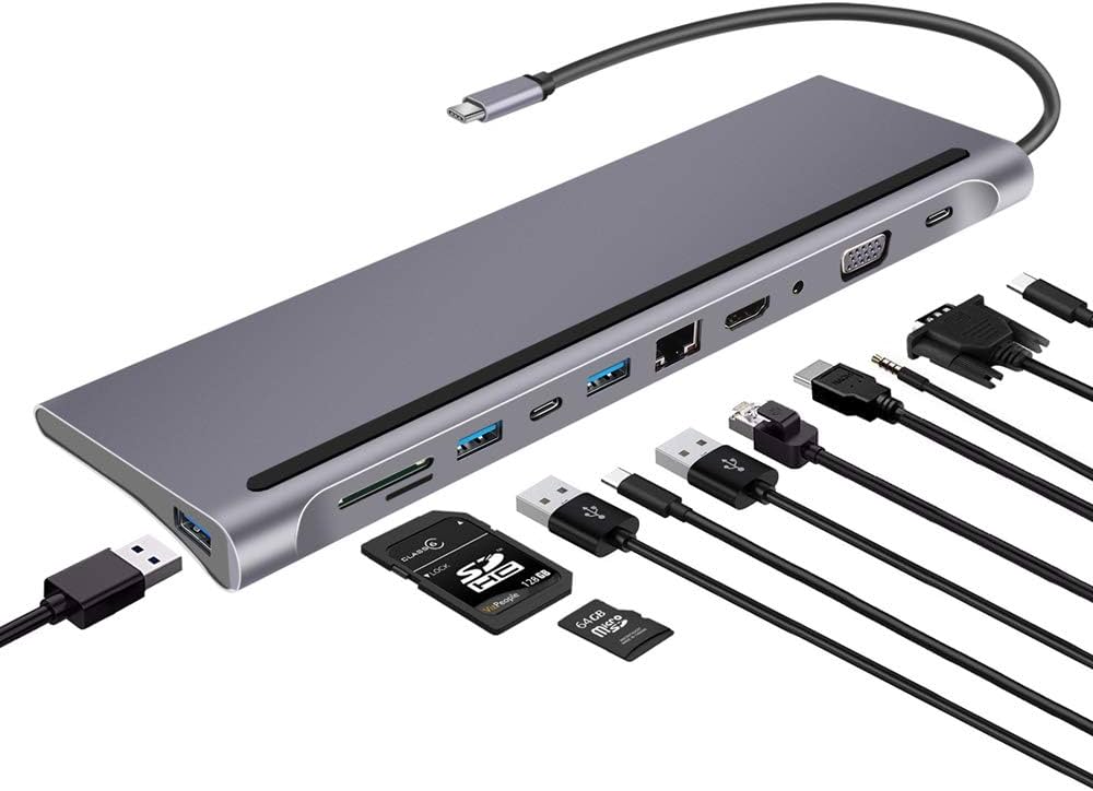 Type-C 8-in-1 Adapter with HDMI VGA LAN SD USB 3.0 Audio Adapter Support 4K UHD Video 3.5mm Audio Gigabit