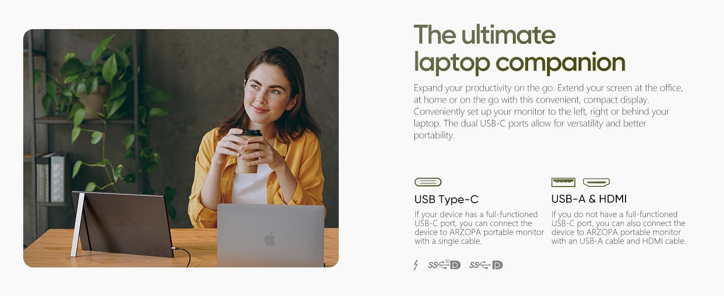 Arzopa A1 Portable Monitor 15.6'' FHD 1080P - Ultra-Slim Portable Laptop Monitor with Kickstand - IPS Display for PC, MAC, Phone, Xbox, PS5 - USB C & HDMI Connectivity