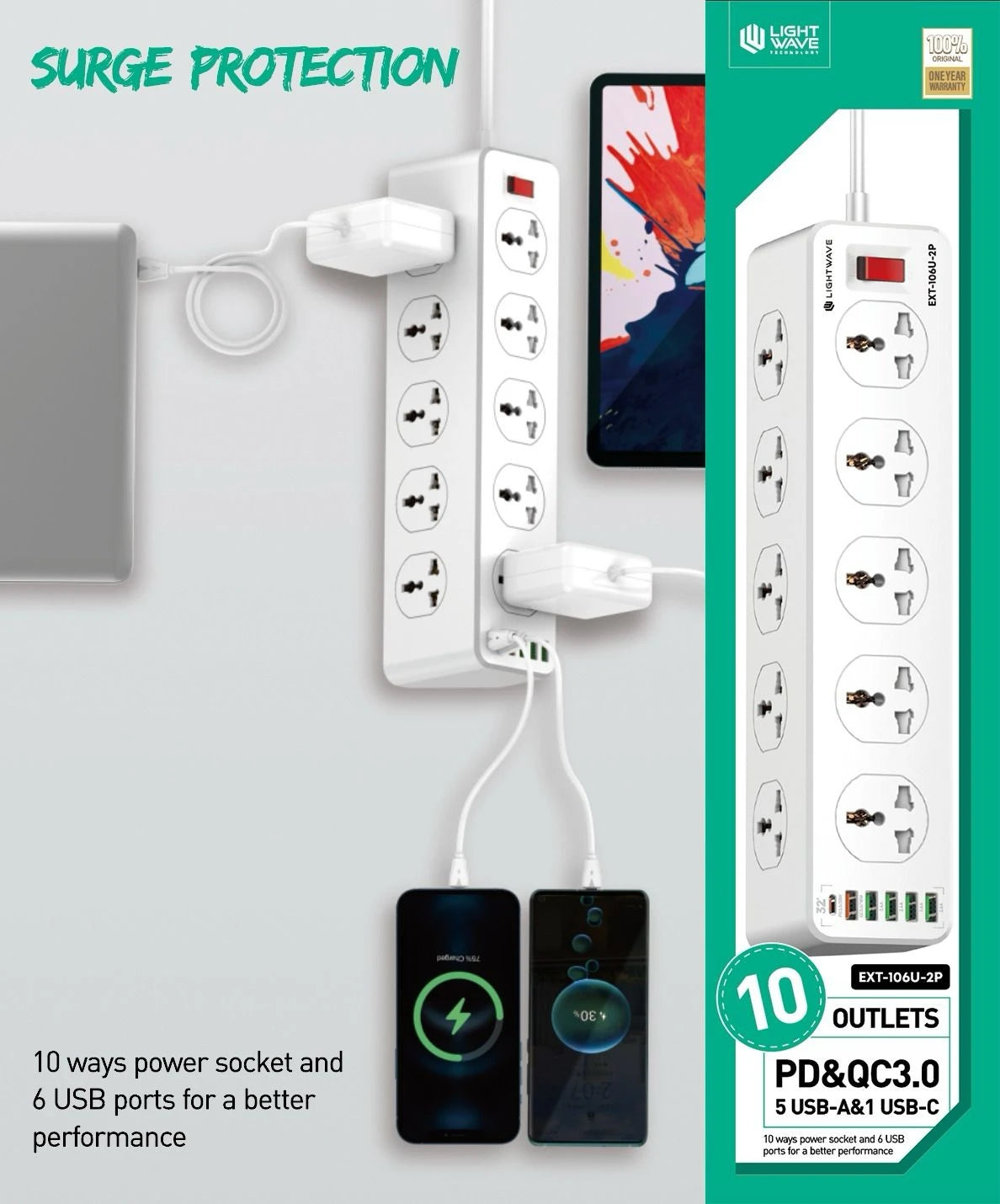Lightwave LW-EXT-106U Surge Protection Extension Socket with 1 USB-C & 5 USB Slots With 2 Meter Extension Cord