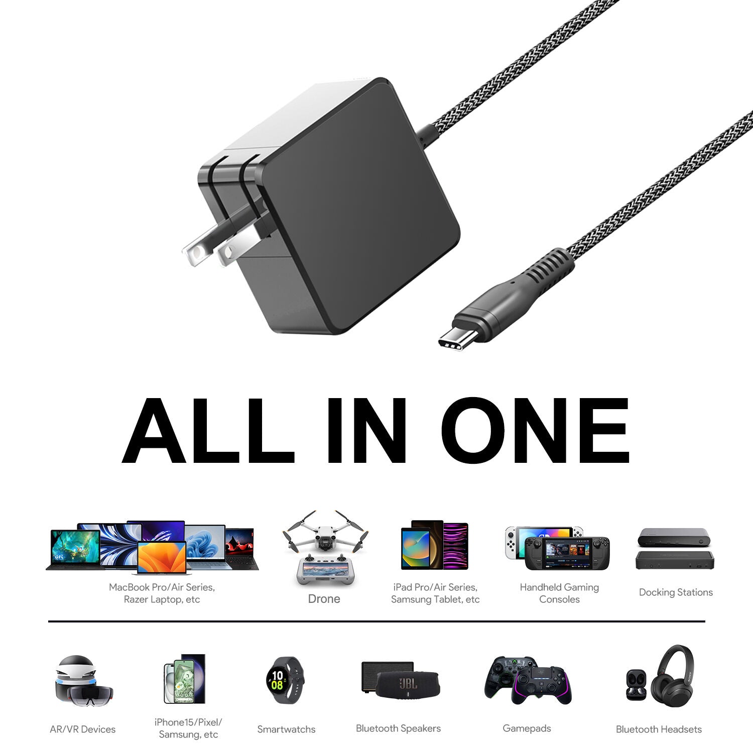 KFD 65W USB-C PD 3.0 charger with foldable US plug for laptop tablet smartphone