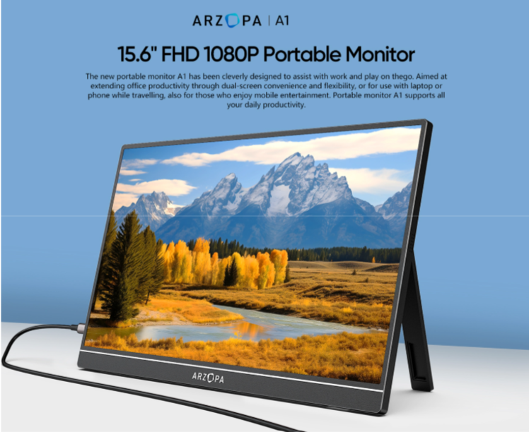 Arzopa A1 Portable Monitor 15.6'' FHD 1080P - Ultra-Slim Portable Laptop Monitor with Kickstand - IPS Display for PC, MAC, Phone, Xbox, PS5 - USB C & HDMI Connectivity