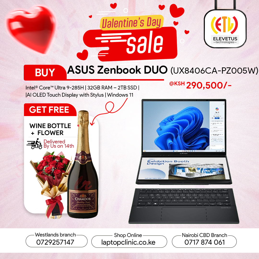 ASUS Zenbook Duo (2025) Ultra 9 Intel® Core™ Ultra 9 285H Processor Intel® AI Boost NPU Intel® Arc™ Graphics Dual 14” 3K OLED Touch Displays 32GB RAM 2TB SSD Windows 11 Home UX8406CA-PZ005W